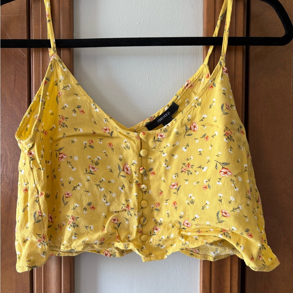 Forever 21 Yellow Floral Button-Front Cropped Cami